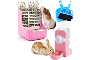 HERCOCCI Rabbit Hay Food Bin Feeder and Bunny Water Bottle Set, Hay Food Feeder Bowls Manger Rack with 500ml Hanging Water Dispenser Prevent Knock Over for Rabbit Guinea Pig Chinchilla (Medium, Pink)