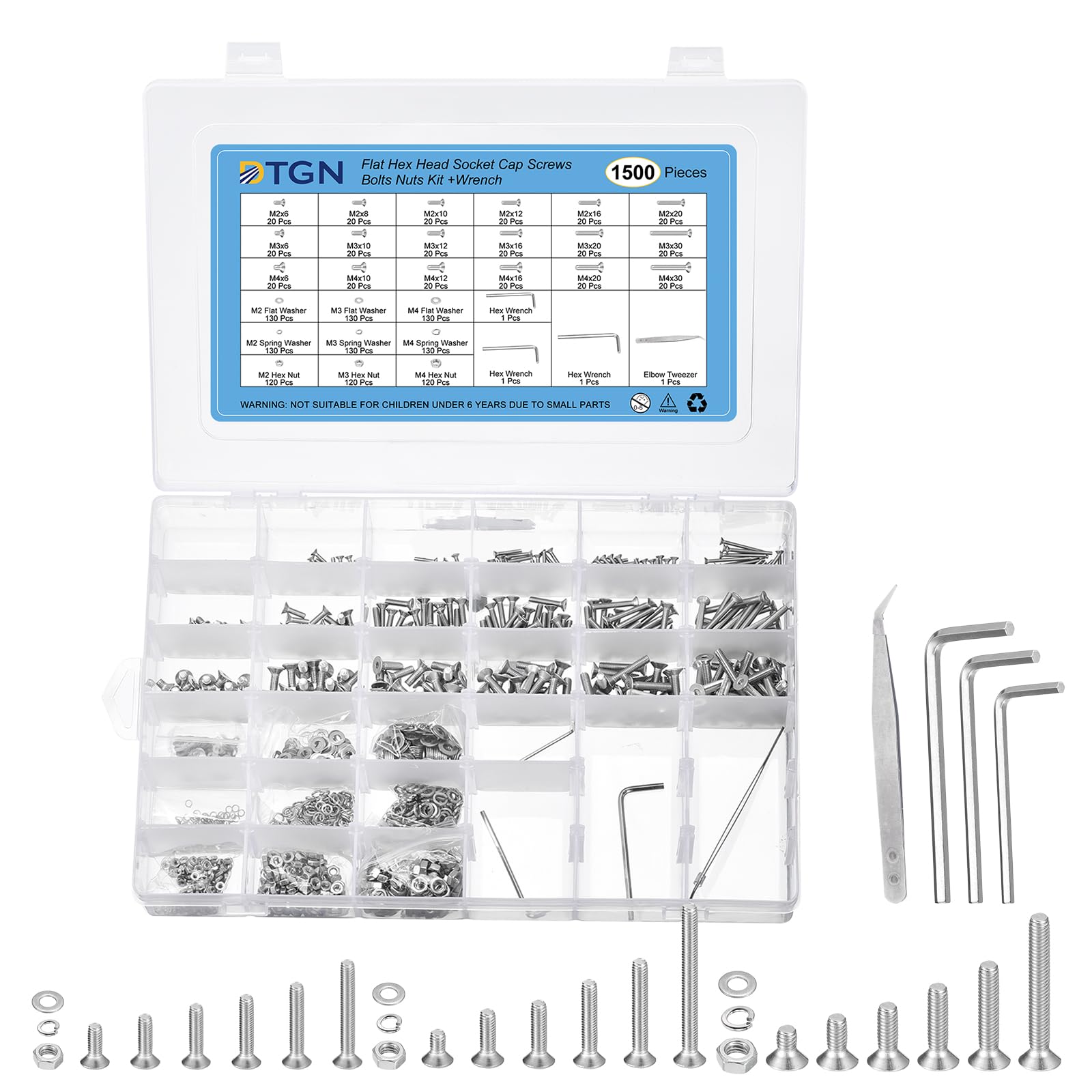 DTGN 1500Pcs M2 M3 M4 Flat Head Hex Socket Cap Screws Bolts Nuts Washers Kit with Wrench, 304 Stainless Steel Round Flat Machine Screws