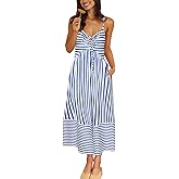 Fashionme Womens Summer Maxi Dresses 2026 Trendy Striped Vacation Boho Beach Spaghetti Strap Sundress Back Tie with Pockets