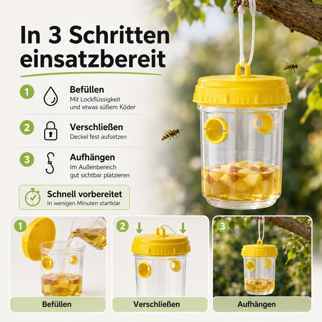 Wespenfallen – Starke Wespenabwehr für Außenbereiche – praktische Lösung gegen Wespen für Garten, Balkon und Outdoor - Insektenfalle (3X) 7
