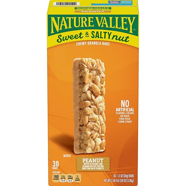 NATURE VALLEY SWEET & SALTY PEANUT CHEWY GRANOLA BARS BULK 30 COUNT, 36 OZ BOX, NO ARTIFICIAL FLAVORS COLORS OR HIGH FRUCTOSE CORN SYRUP, MORNING SNACK BARS, ADVENTURE READY