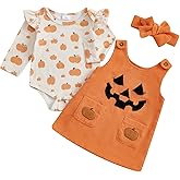 Adobabirl My First Halloween Baby Girl Outfit Pumpkin Ruffle Long Sleeve Romper Overall Dress Headband Cute Fall Clothes