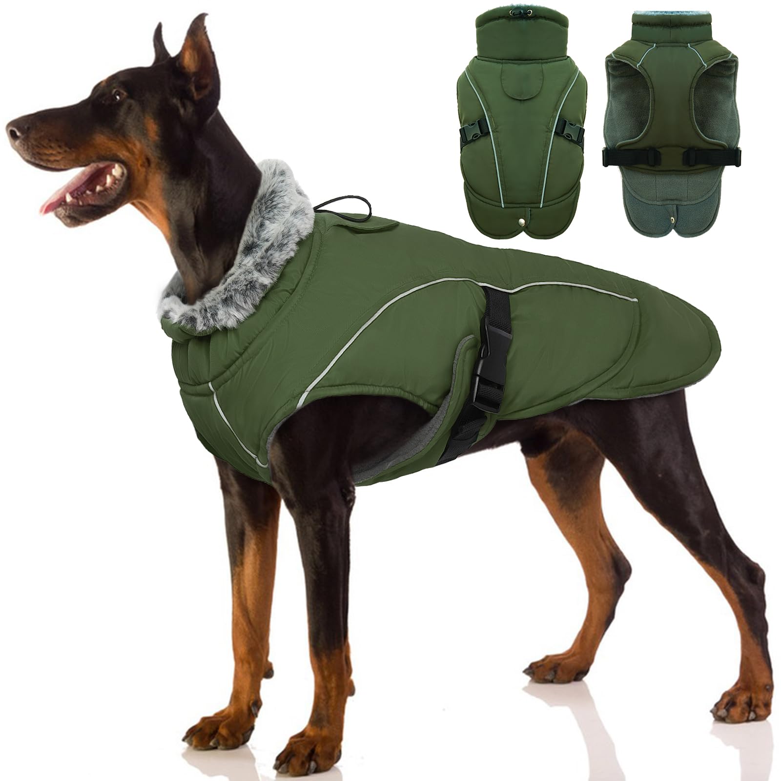 Warm Coats & Jackets for Dogs, Waterproof Winter Clothes Outdoor Coat Adjustable Windproof Vest Warm Dog Apparel French Bulldog Coat with Reflective Strips(Army green, L) — image 1