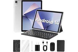 AIPROTABLET 10 inch Android 14 Tablet, 6GB+64GB 1TB Expand, 2 in 1 Tablets with Keyboard, Case, Mouse, Stylus, 1280x800 IPS Touch Screen, 2.0GHz Quad-Core, WiFi 6, Bluetooth5.0, Dual Camera (Silver)
