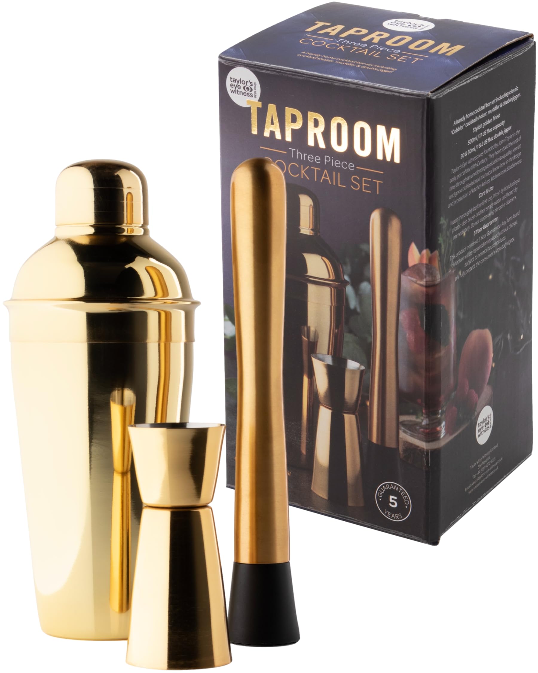 Taylor's Eye Witness Taproom 3pcs Gold Coloured Stainless-Steel Cocktail Shaker Set - Includes 500ml (17.5fl oz) Metal Cobbler Shaker, 25ml/40ml Double Jigger & Muddler.