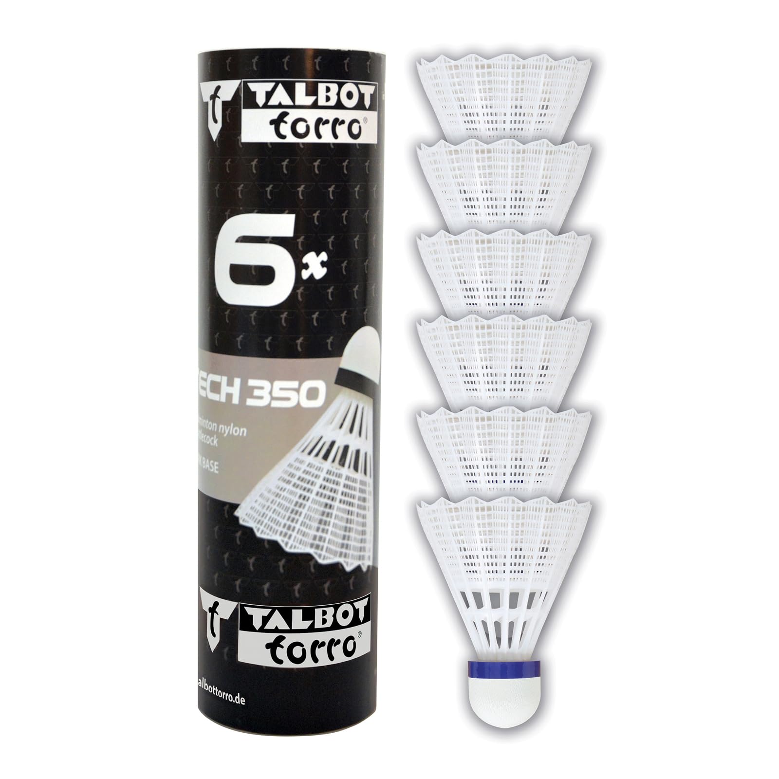 Talbot-Torro Badminton Schuttlecocks Tech 350, 6 Pieces Tin, White, Speed: Blue / Medium, Nylon, 479103