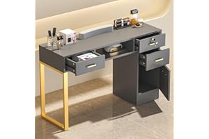ELEVACHIC Manicure Table Nail Desk for Nail Tech, Manicure Station for Salon/Home, w/Wrist Cushion, Storage Cabinet, Lockable & Open Drawers, Metal Legs, Acetone Resistant, Gray & Gold