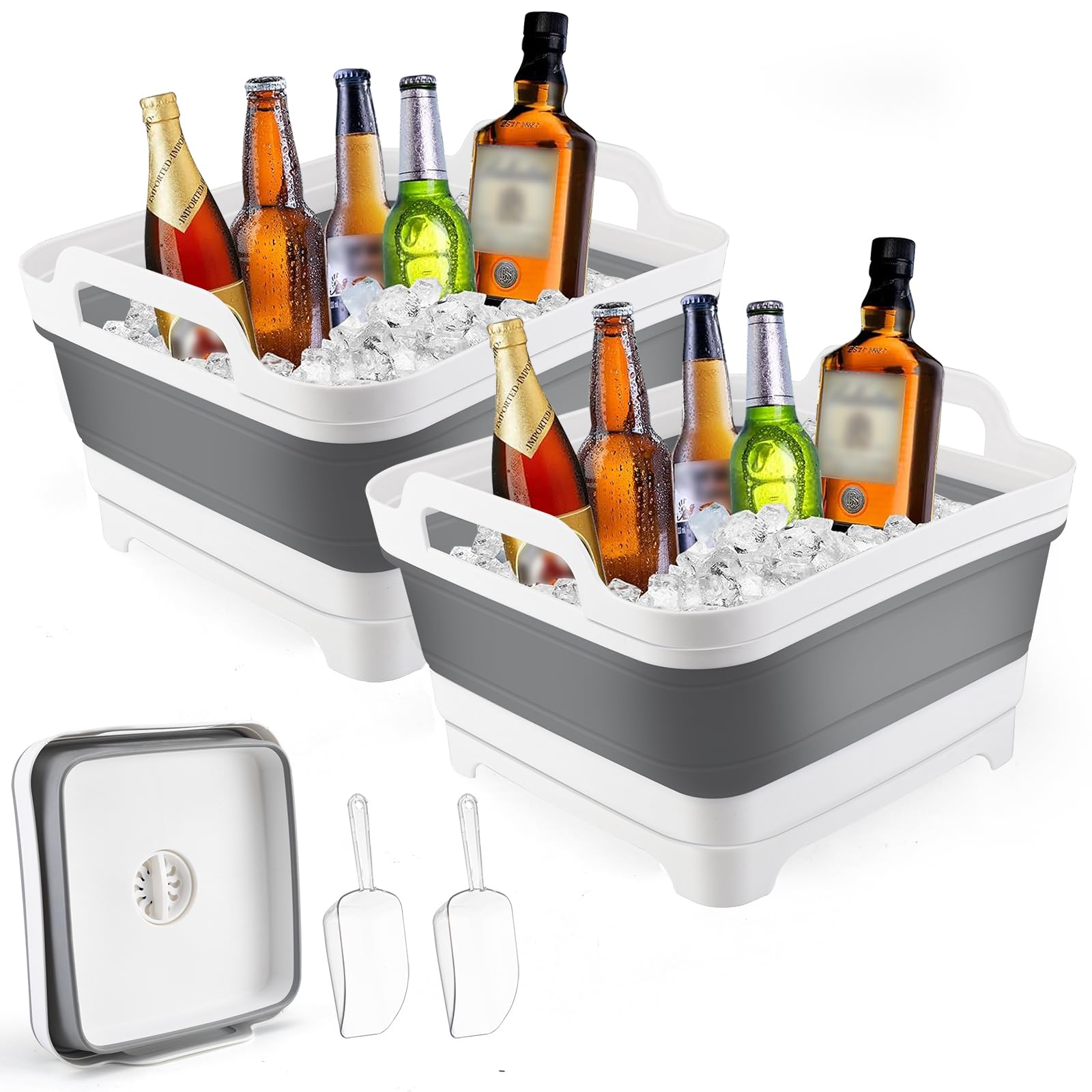 Photo 1 of 2Pcs Ice Bucket 8.5L Ice Buckets for Parties Collapsible Beverage Tub Large Plastic Drink Buckets Party Portable Foldable Cooler Tub with 2 Scoop for Champagne Beer Sparkling Wine Cocktails