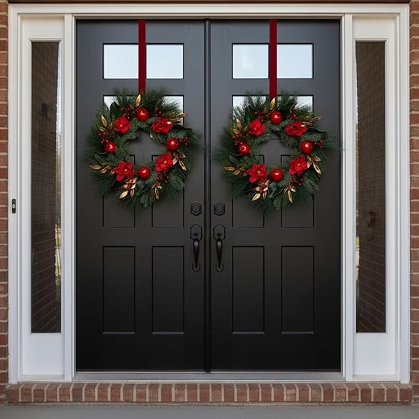 26″ CHRISTMAS WREATH FOR FRONT DOOR, RED GREEN ARTIFICIAL WREATHS WITH MAGNOLIAS & POMEGRANATES, PINE NEEDLESD AND RED BERRIES — PERFECT FOR FARMHOUSE INDOOR OUTDOOR HOME RUSTIC WINTER HOLIDAY DECOR