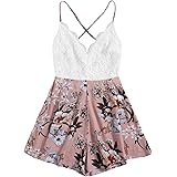 SheIn Women's Boho Crochet V Neck Halter Backless Floral Lace Romper Jumpsuit