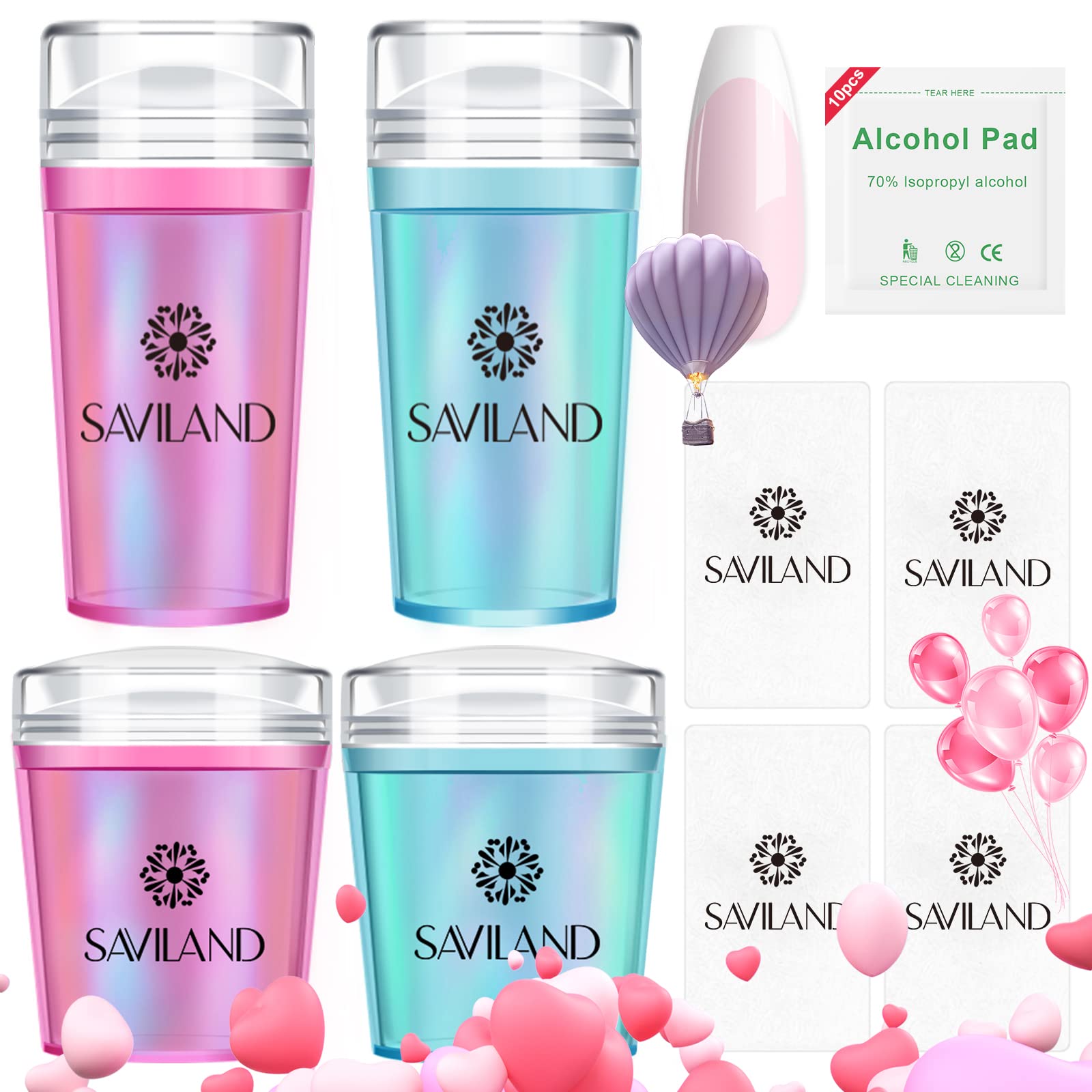 Saviland French Tip Nail Stamp - 18PCS Clear Silicone Nail Stamping Nail Art Stamper Kit, Blue+Pink Radium Long & Short Jelly Stamper with Scrapers Nail Stamper Kit for French Manicure