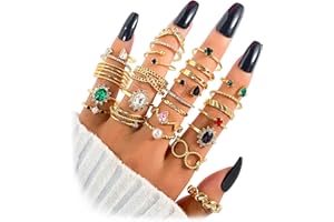 17IF Gold Boho Sparkle Knuckle Rings Set For Women, Vintage Fashion Aesthetic Trendy Joint Snake Ring Pack, Retro Green Black Pink Colorful Rhinestone Star Crystal Leaf Diamond Pearl Jewelry