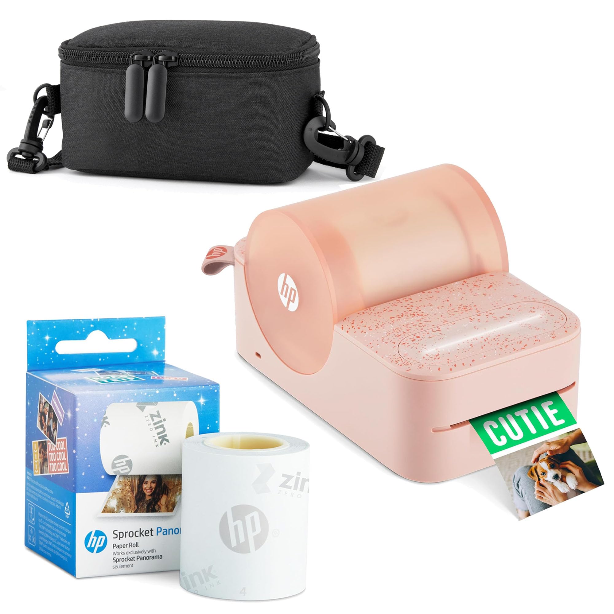 HP Sprocket Panorama Instant Portable Color Label & Photo Printer (Pink) Starter Bundle with case Zink roll