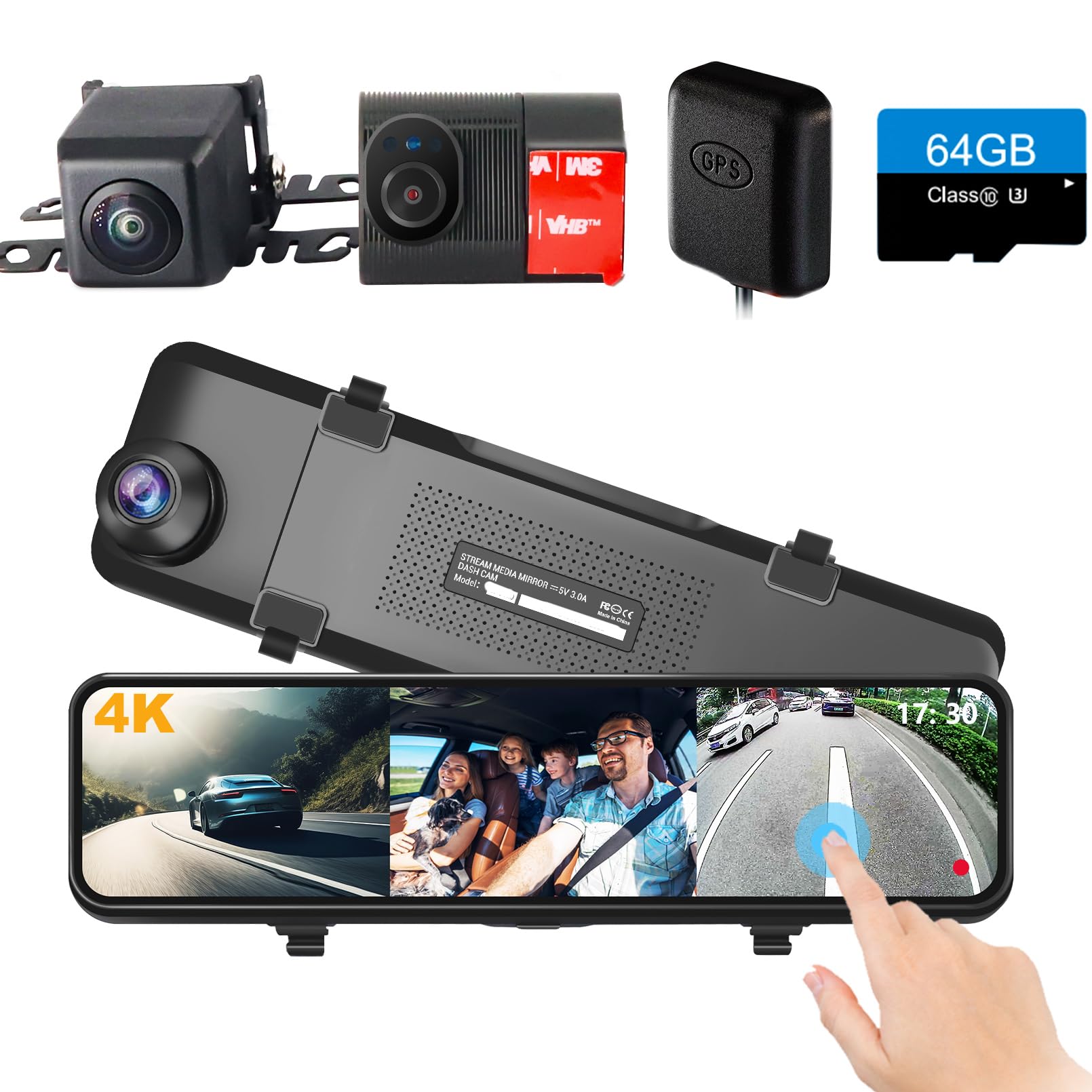 Photo 1 of 4K 3 Channel Mirror Dash Cam, 11" Triple Rear View Mirror Dash Camera Front Inside Rear for Car RV Truck, Night Vision, 64GB Card, WDR, GPS, G-Sensor, 24H Parking Monitor and Parking Assistance