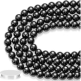300 Pcs 8 mm Natural Hematite Beads Black Gemstone Round Loose Beads for Jewelry Making with 39 Feet Stretch Cord, Black Hematite