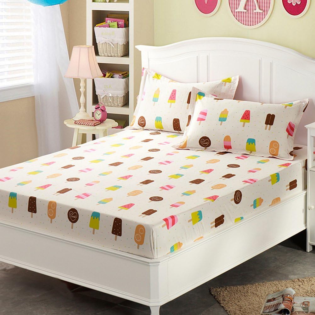 XIULIHUI Kids Boy Girl Cute Cotoon Ice Cream Bed Sheet Set 4 Piece Full Size Flat Sheet + Fitted Sheet + Pillowcase (2)