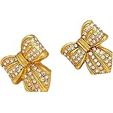 Gold Bow Earrings for Women Inlaid with Zircon Bowknot Bow Tie Earrings Studs Plated 18K Real Gold