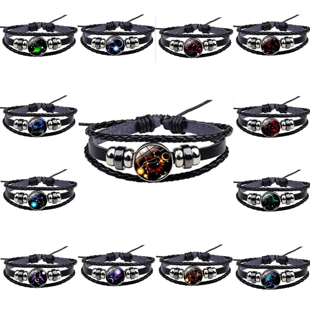 Minlop 12 Constellations Bracelets Hand-Woven Adjustable Bracelets, Retro Punk Style Bangle