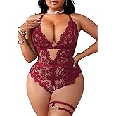 SOLY HUX Women's Plus Size Lace Lingerie Set Deep V Neck Teddy Bodysuit Babydoll Nightwear with Leg Ring