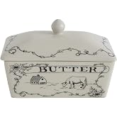 Creative Co-Op Country Stoneware Butter Dish with "Spread the Love" Message and Farm Landscape Design, White and Black