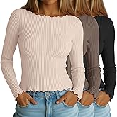 Neer 3 Pack Women's Crop Tops Long Sleeve Cotton Boat Neck Shirts Lettuce Trim Ribbed Slim Fit Casual Basic Tees