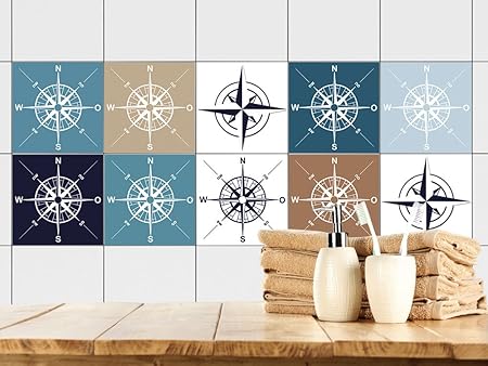Grazdesign Fliesenaufkleber Bad Blau Braun Weiss Kompass Maritim Fliesenbilder Fur Bad Fliesen Zum Aufkleben Fliesenfolie 15x15cm Set 20 Stuck Amazon De Kuche Haushalt