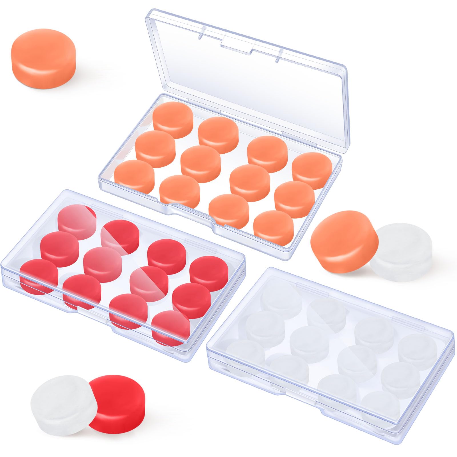 36 Pairs Reusable Gel Ear Plugs - Silicone Waterproof Moldable Swimming Earplugs Noise Cancelling for Adults - White, Red, Orange