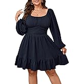 Womens Plus Size Dress Casual Long Lantern Sleeve Square Neck Textured Ruffle Flowy Ruched A-Line Mini Dresses for Women