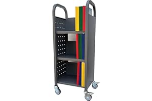 Workington Single Bank Rolling Book Truck Book Cart with 3 Flat Shelves, Library Book Cart with Swivel Lockable Casters 3000 Gray