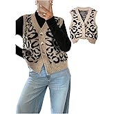 SweatyRocks Girl's Leopard Print Button Front Sweater Vest V Neck Sleeveless Cardigan Casual Knit Tops