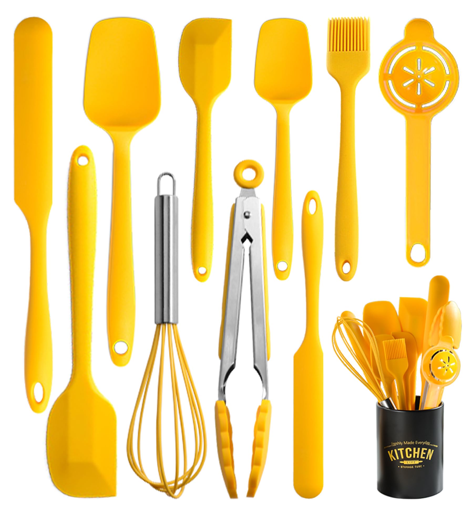 Silicone Spatula Set of 11 Kitchen Utensils with Iron Utensils Holder for Baking, Cooking, and Mixing,Cooking Spatulas Nonstick Cookware，Seamless and Flexible,Dishwasher Safe (Yellow)