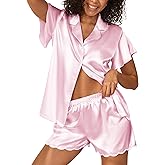 Ekouaer Women's Classic Button Down Ruffle Sleeves Short Satin Silk Pajama Set