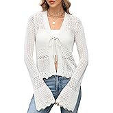 ZANZEA Womens Crochet Cardigan Tie Front Shrug Sweater Bell Sleeves Lightweight Summer Knit Boho Cardigan Tops