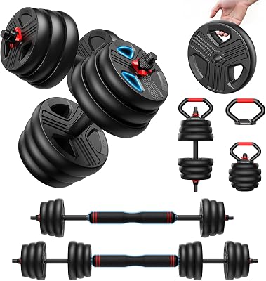 10kg-40kg Juego de Pesas y Mancuernas Ajustables, Kit Pesas 5 en 1 con Barra, Pesas Rusas y Soportes Para Flexiones, Equipo de Entrenamiento Progresivo para Toda la Familia