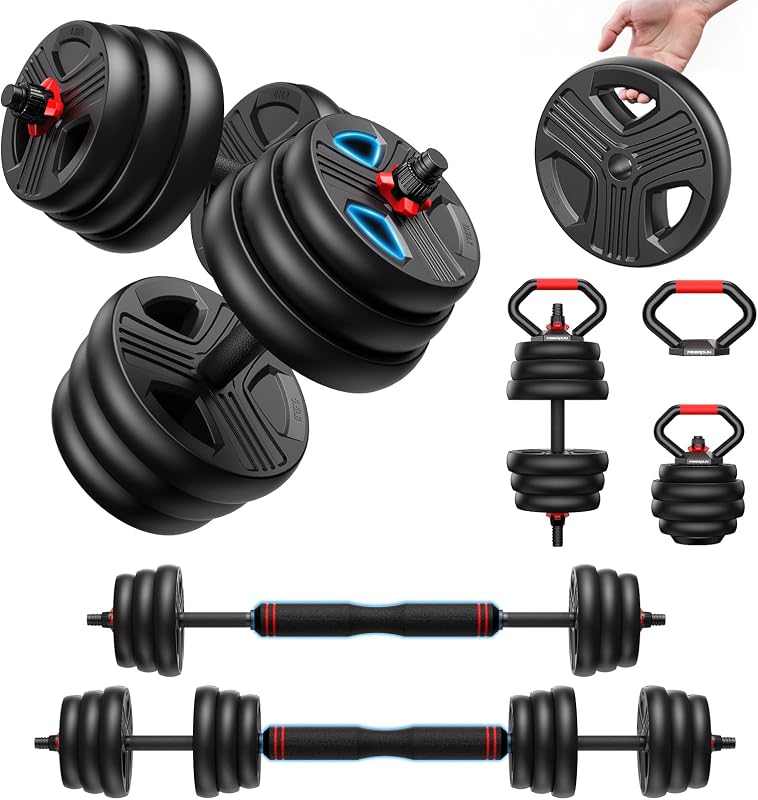 10kg-40kg Juego de Pesas y Mancuernas Ajustables, Kit Pesas 5 en 1 con Barra, Pesas Rusas y Soportes Para Flexiones, Equipo de Entrenamiento Progresivo para Toda la Familia