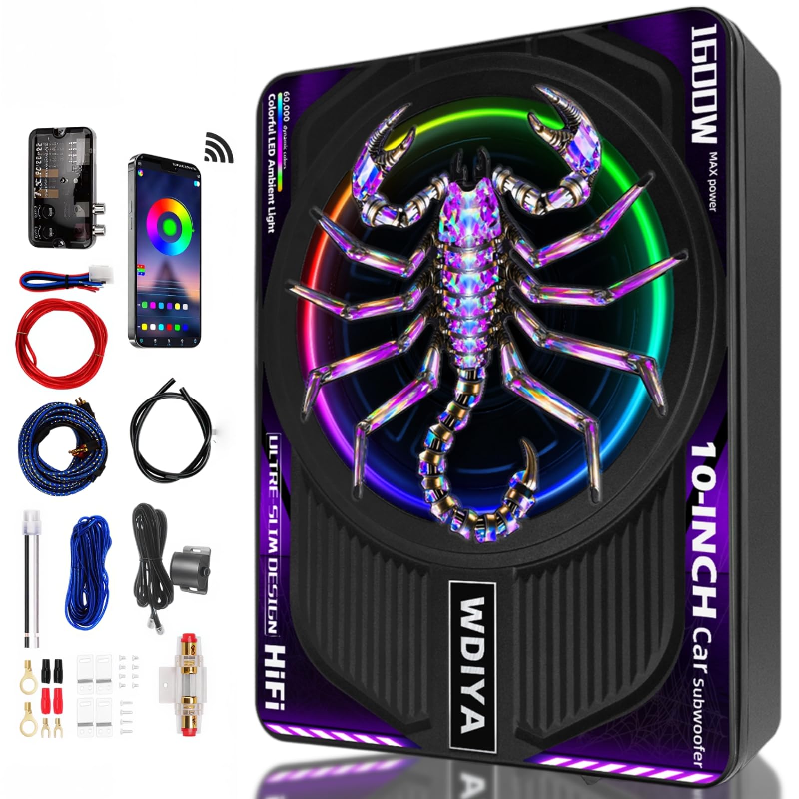 Photo 1 of WDiYA Upgraded 1600W 10" Slim Under Seat Subwoofers with Amp & LED Ambient Lights for Truck/Car - Deep Bass, Individual Controls (LPF/Gain/Bass Boost), High Output Distortion-Free Audio