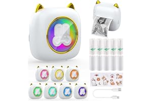 QYCHHJ Inkless Mini Printer, 7 LED Lights Mini Pocket Printer with 10 Rolls Thermal Paper for iOS&Android, Portable Label Receipt Sticker Printer for Journal Memo Photo