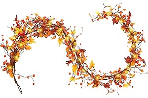 VICAMB 6FT Fall Garland with Lights, Autumn Maple Leaf Berry Garland Lighted Foliage Garland Fall Hanging Vines, Thanksgiving Harvest Halloween Decor for Home Front Door,Mantle,Table