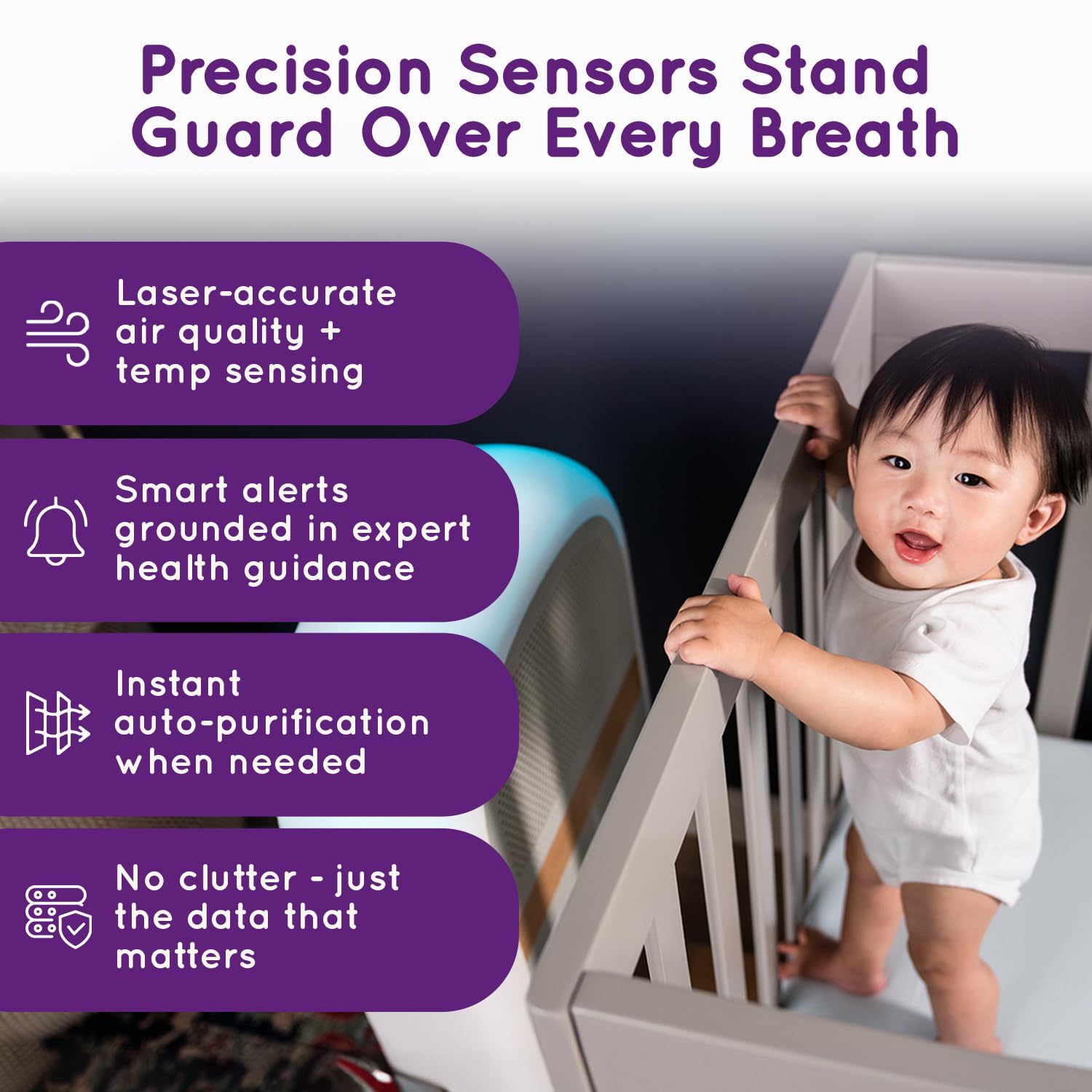 Sereniby Air Purifier for Baby | Proprietary Safe-Sleep Design | Medical-Grade HEPA Filtration | Laser-Accurate Air Quality & Temp Sensors | Smart Parent-Approved Features