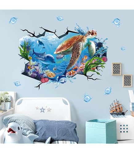 6 Adesivi Murali 3D Tartarughe Marine Rimovibili - Decorazione Parete Per Cameretta Bambini, Tema Animali Oceano, Fai Da Te, PVC Impermeabile