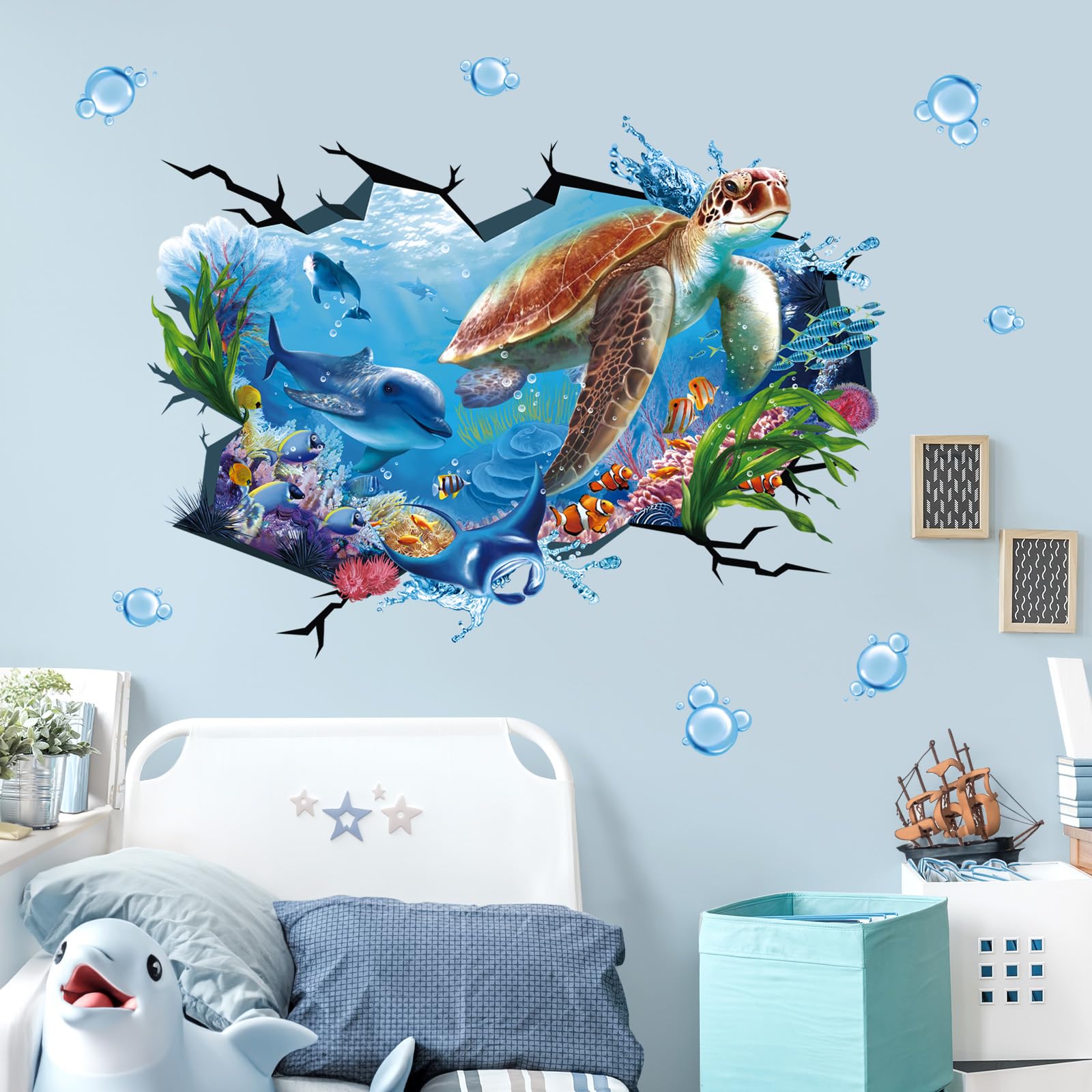 wondever Large Sea Turtle Under The Sea Wall Stickers 3D Underwater Dolphin Tropical Fish Ocean Wall Art Decals for Baby Nursery Kids Bedroom Bathroom