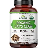 Zazzee USDA Organic Cat&rsquo;s Claw 20:1 Extract, 3% Alkaloids, 100 Capsules | 1000 mg per Serving, Vegan, Uncaria Tomentosa, Immune, Joint &amp; Antioxidant Support, All-Natural, Non-GMO, Made in the USA