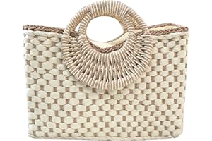 QZUnique Hand-woven Straw Bag Women Summer Beach Handbag Purse Retro Rattan Tote Clutch Travel Bag with Wood Round Top Handle