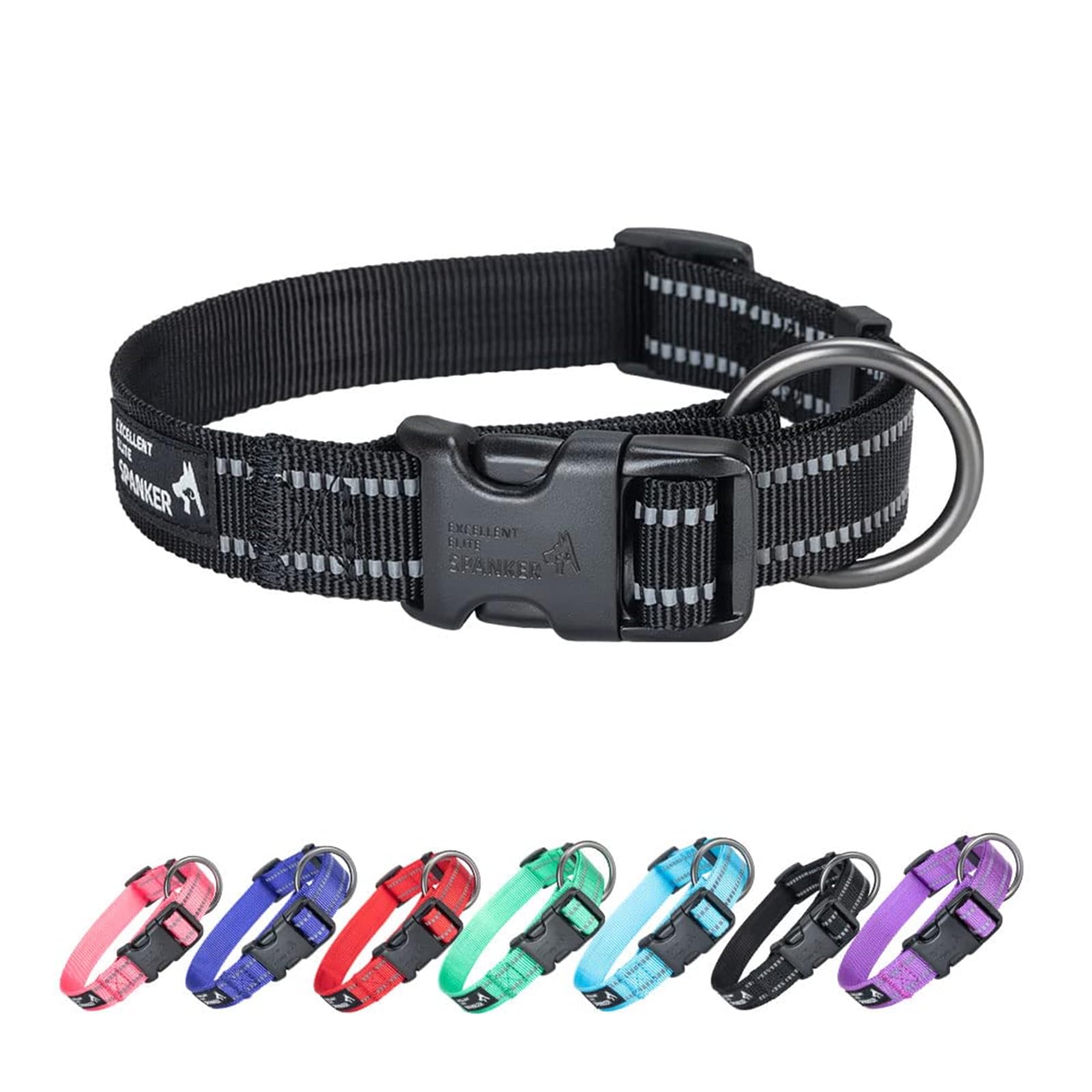 EXCELLENT ELITE SPANKER Reflective Dog Collar Classic Breathable Nylon Adjustable Pet Collar with Quick Release Buckle for Boy Girl Male Female Puppies Small Medium Large Dogs Training(BLK-L)