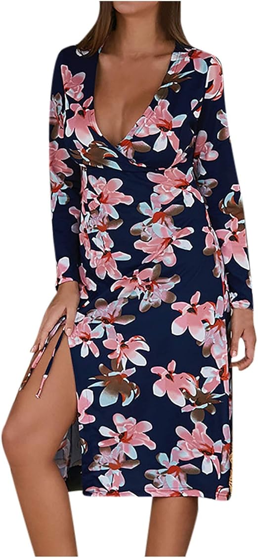 SweatyRocks Blusenkleid Damen Langarm - Elegantes Wickelkleid Mit Blumenmuster
