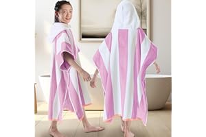 VOOVA & MOVAS Big Girl | Teens Beach Towels with Hood (8-16Years), Large Thick and Absorbent Cotton Hooded Pool Towel Poncho | Robe - Versatile for Pool, Swim, and Bath, Pink and White Cabana Stripe