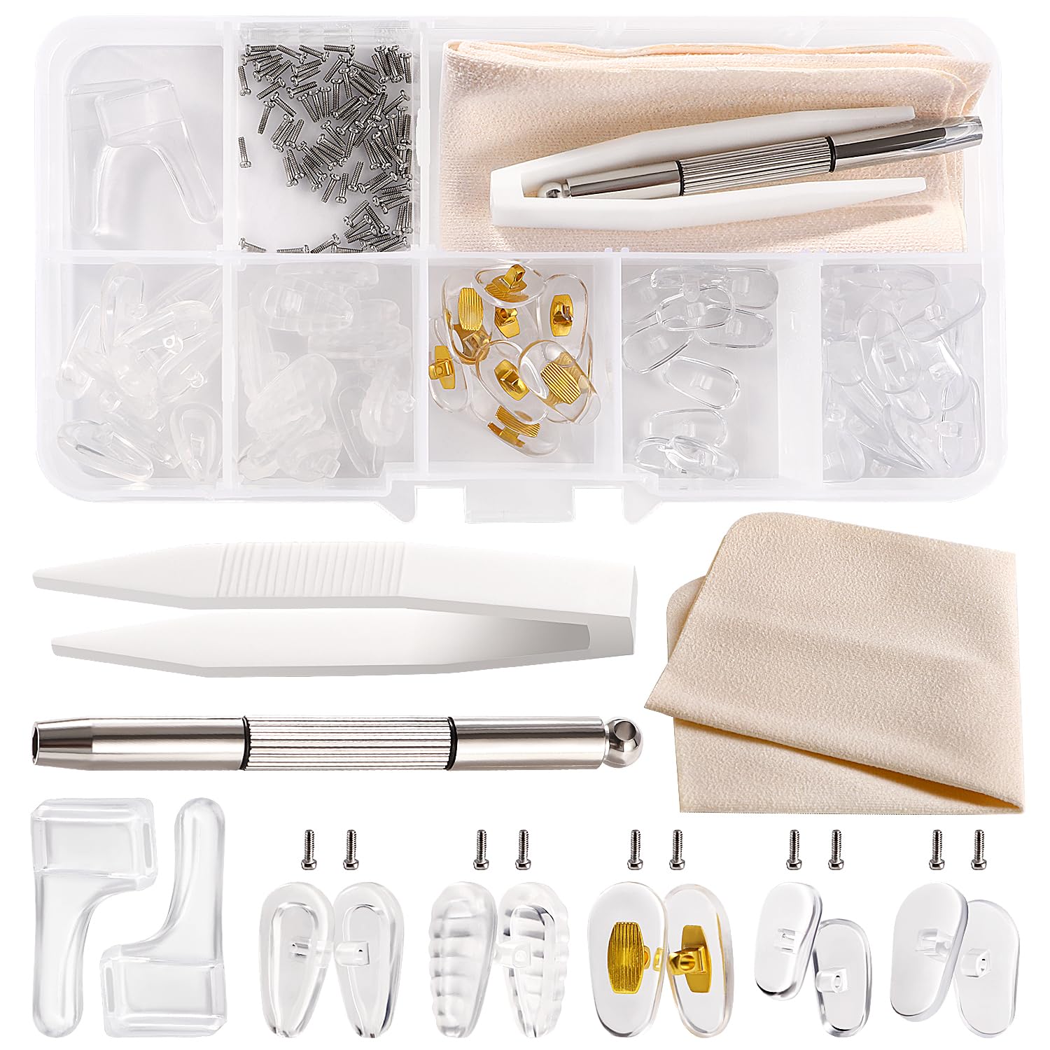 YIXISI 30 Pairs Glasses Nose Pads Kit, Eyeglass Nose Pads, Silicone Screw-in Nose Pads Glasses Repair Kit, with Screws Screwdriver Tweezers Cleaning Cloth, for Most Eyeglasses, No. 11
