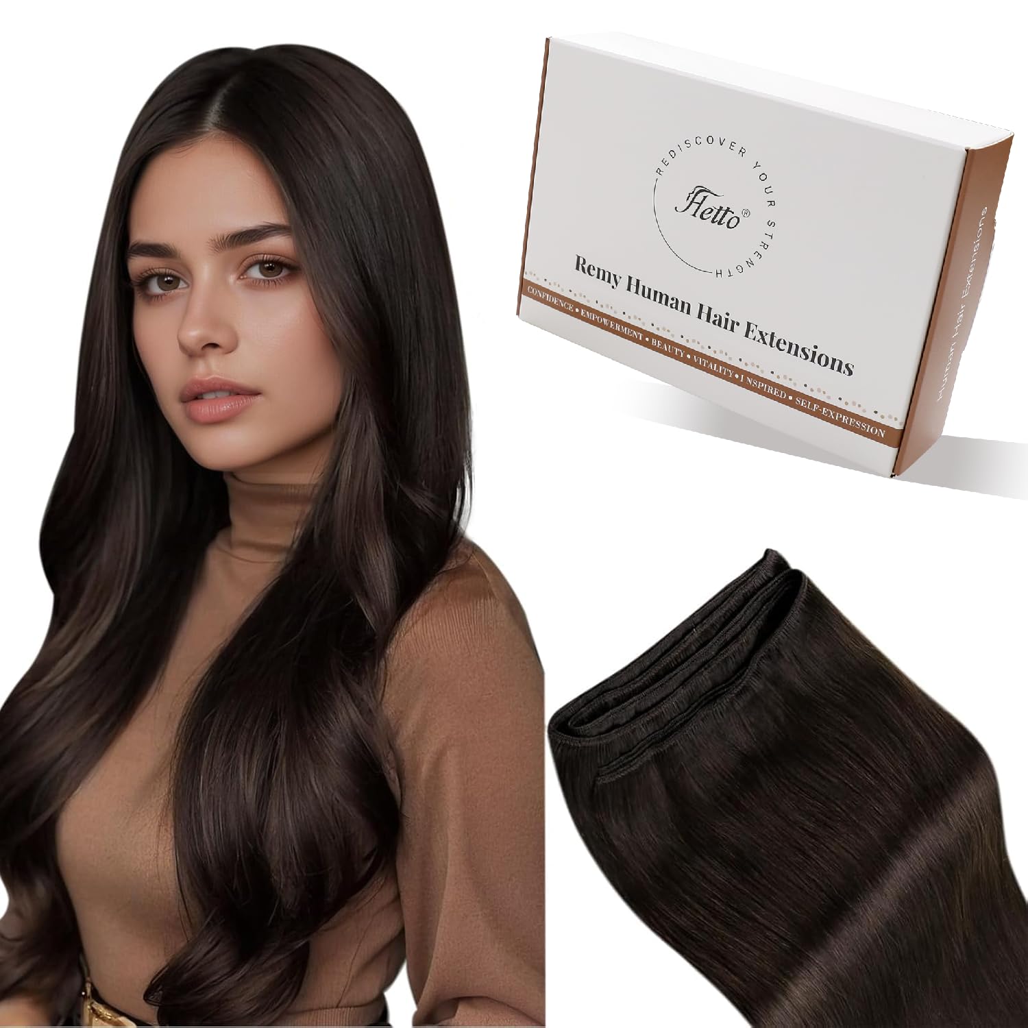 Hetto Weft Hair Extensions Real Human Hair Dark Brown 22 Inch 100g - Durable Hand Tied Sew in Hair Extensions Human Hair, Brown Natural Looking Hair Wefts for Daily Wear #2