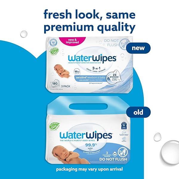 WATERWIPES PLASTIC-FREE ORIGINAL BABY WIPES, 99.9% WATER BASED WIPES, UNSCENTED & HYPOALLERGENIC FOR SENSITIVE SKIN, 180 COUNT (3 PACKS), PACKAGING MAY VARY