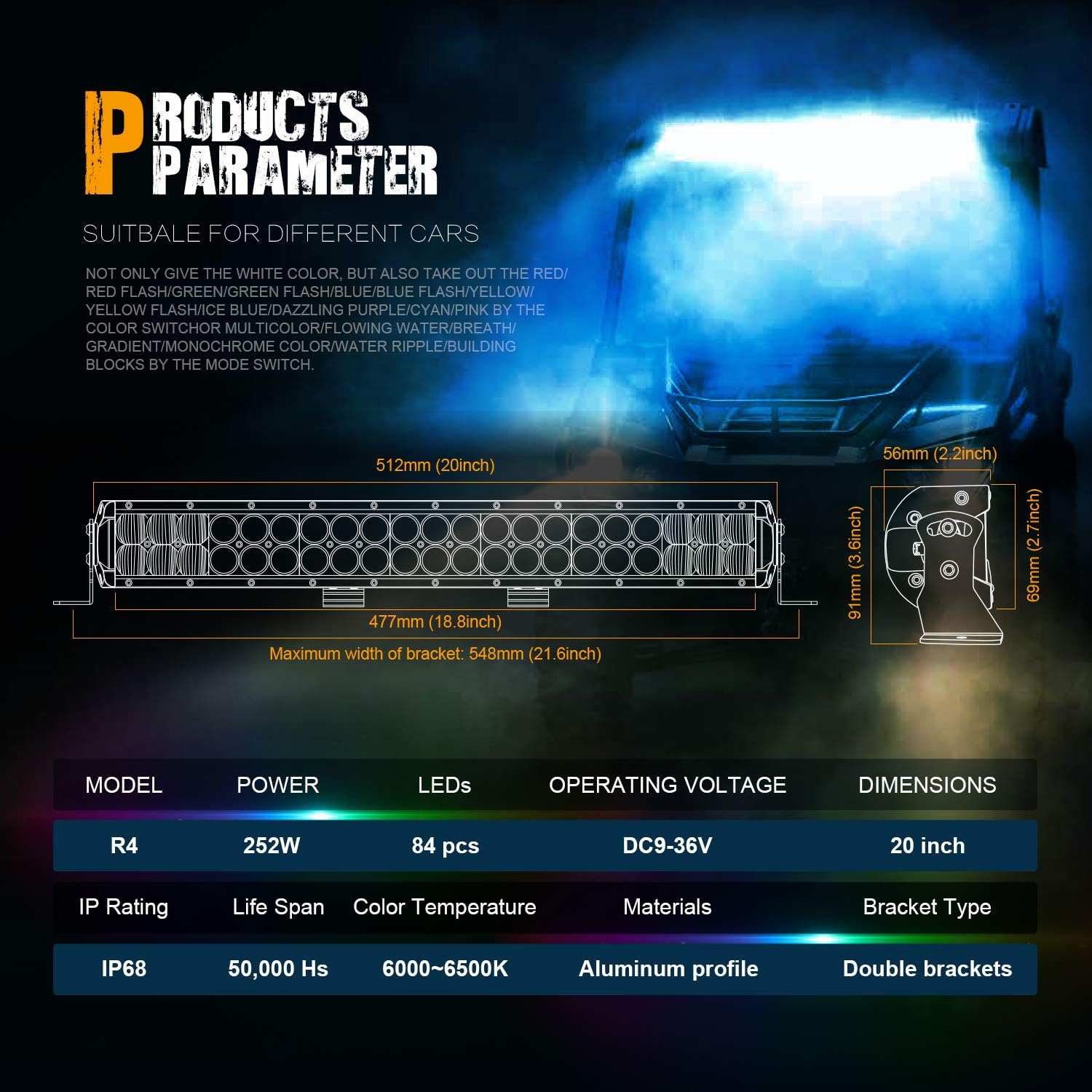 WEISIJI LED Light Bar 20inch 252W Straight 6000K Spot Flood Beam RGB LED Work Light Bar Compatible with LED Driving Light for Offroad Truck ATV SUV 4WD Pickup Boat Remote Control: Automotive